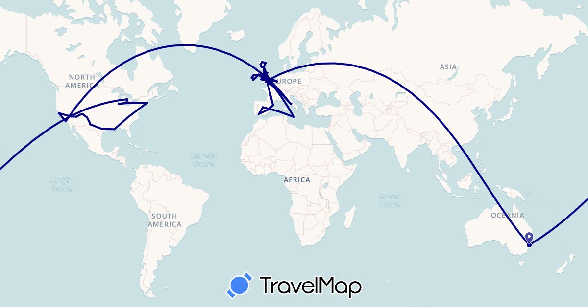 TravelMap itinerary: driving in Australia, Belgium, Spain, United Kingdom, Ireland, Italy, Malta, United States (Europe, North America, Oceania)